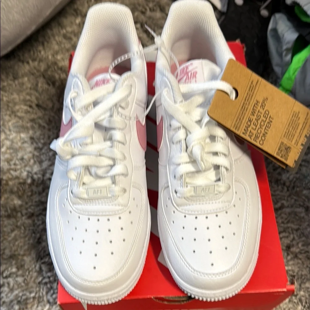 Nike White and Pink Air Force 1 Sneakers Classic Design - Picture 2 of 4